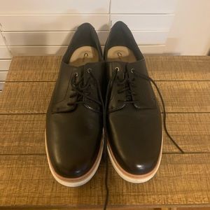 Clarks Black and White Platform Loafers